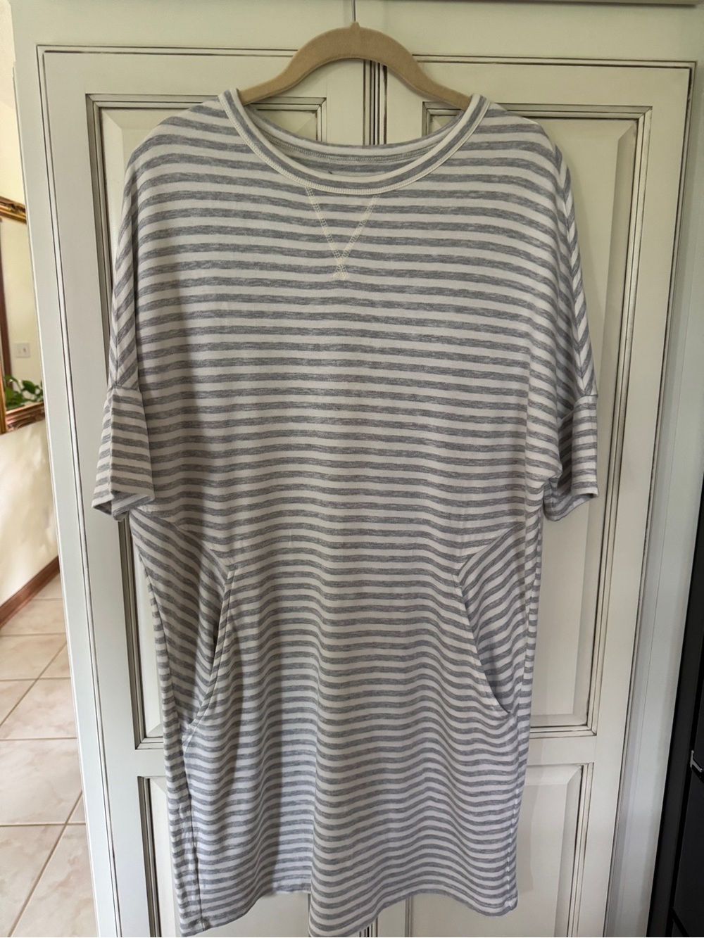 Light Gray and White Striped Short-Sleeve Knit Dress